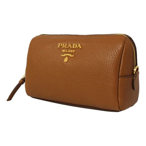 Prada Vitello Daino Cannella Brown Leather Cosmetic Pouch 